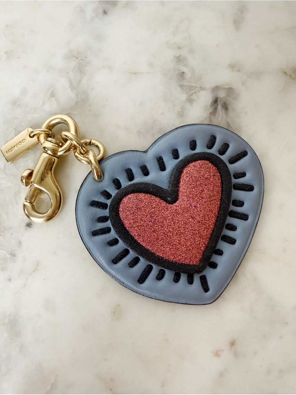 COACH X KEITH HARING BLUE/PINK GLITTER HEART BAG CHARM KEY RING FOB